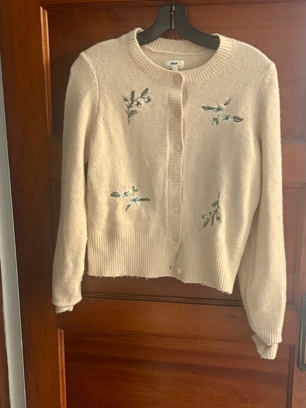 aerie Cream Cardigan with Green Floral Embroidery